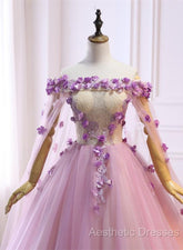 Gorgeous Tulle Off Shoulder Flowers Lace-Up Long Formal Dresses, Pink Evening Prom Dresses